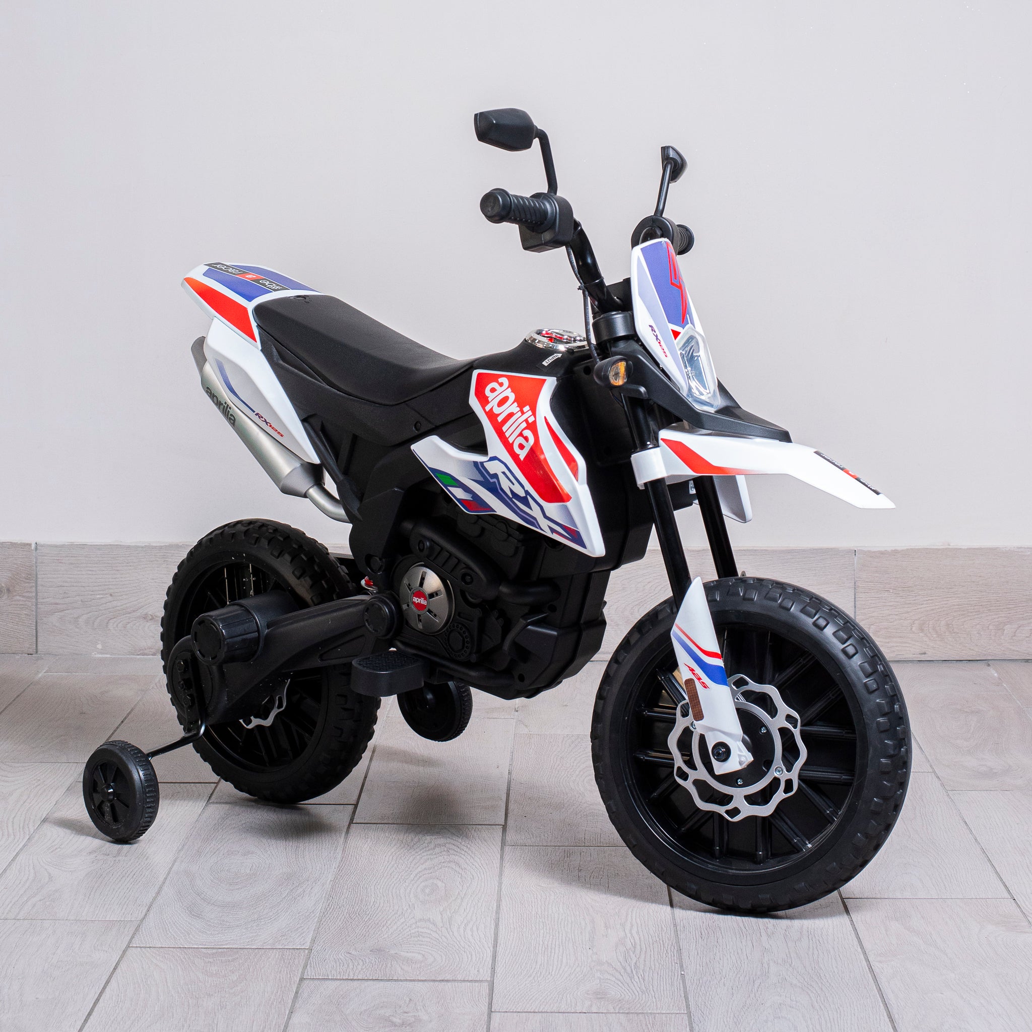 Moto Elettrica per Bambini Aprilia motocross 12V con Licenza Ufficiale Luci Led Suoni Realistici Mp3 Telecomando
