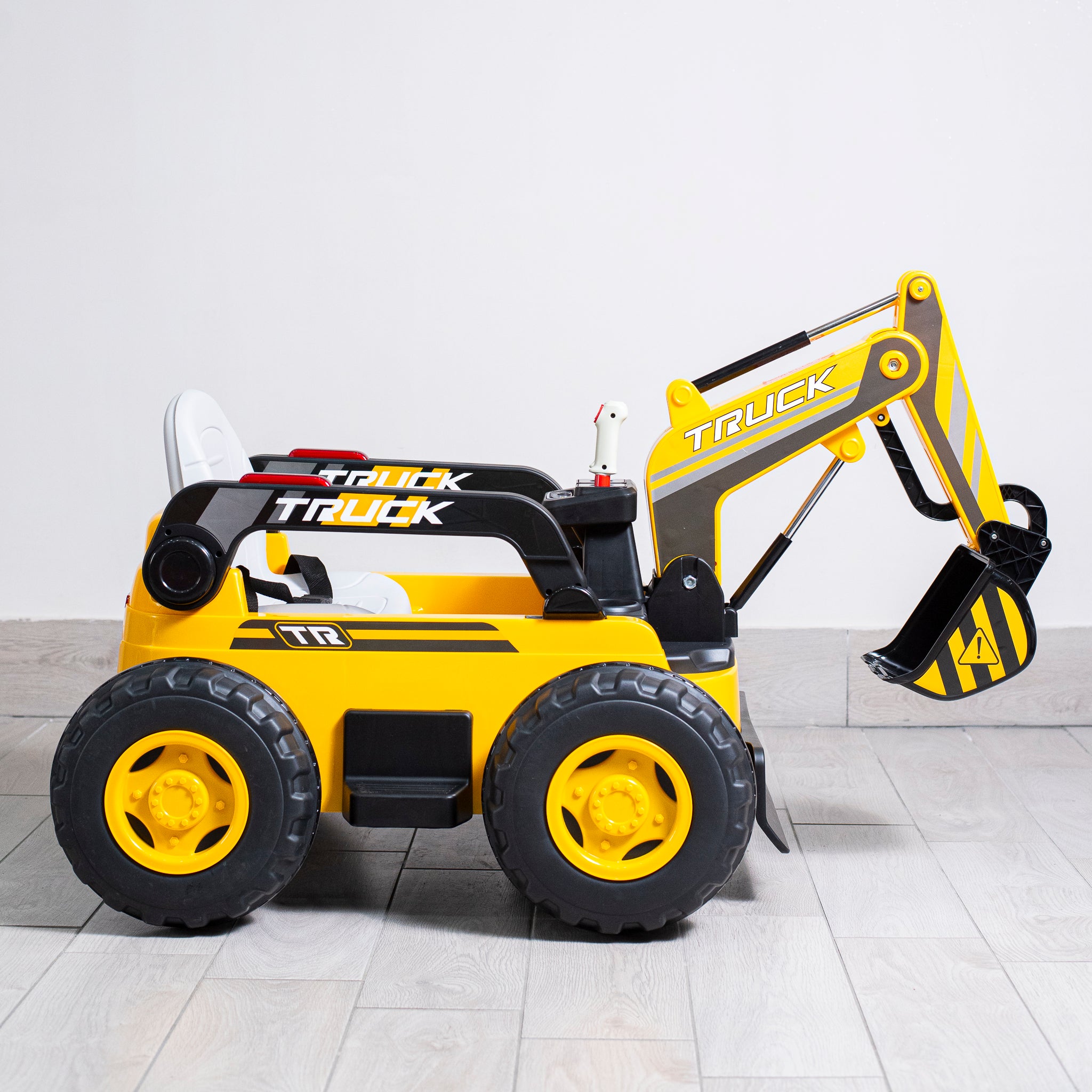 Escavatore Elettrico per Bambini Giallo 12V Luci Led e Suoni Realistici Movimenti MP3 Integrato