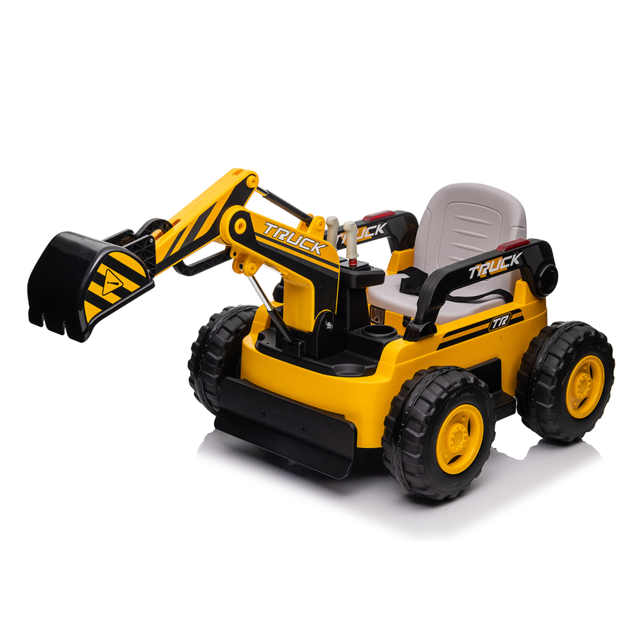 Escavatore Elettrico per Bambini Giallo 12V Luci Led e Suoni Realistici Movimenti MP3 Integrato Telecomando